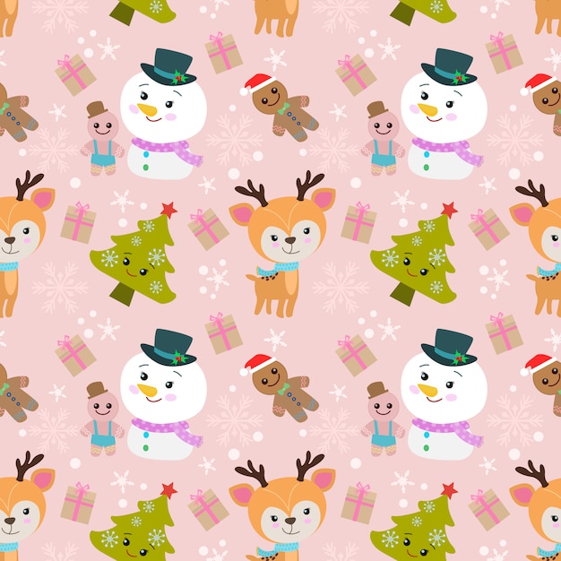 Deer snowman and tree christmas pattern