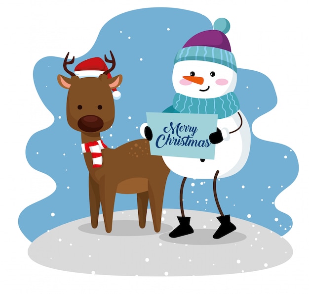 Deer and snowman wearing hat and scarf with poster