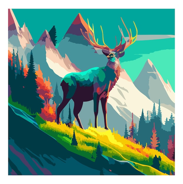 A deer stands in a field with mountains in the background.