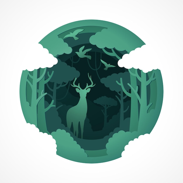 Deer wildlife with papercut style of green eco forest