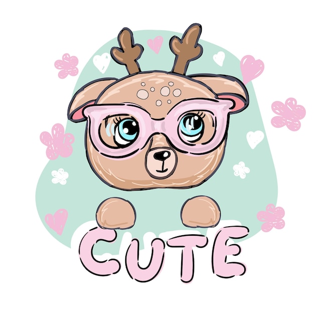 Deer with glasses cute girl portrait poster logo kids room decor tshirt design print