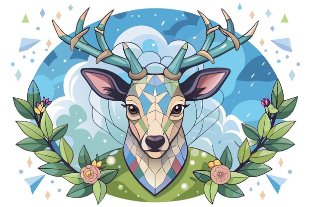 Vector a deer with horns and antlers is shown in a card