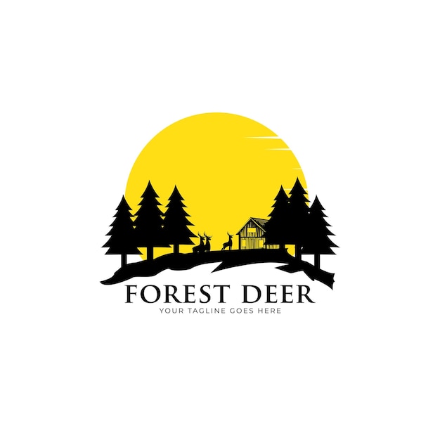 deer with pine forest logo vector icon symbol illustration design and sunset view