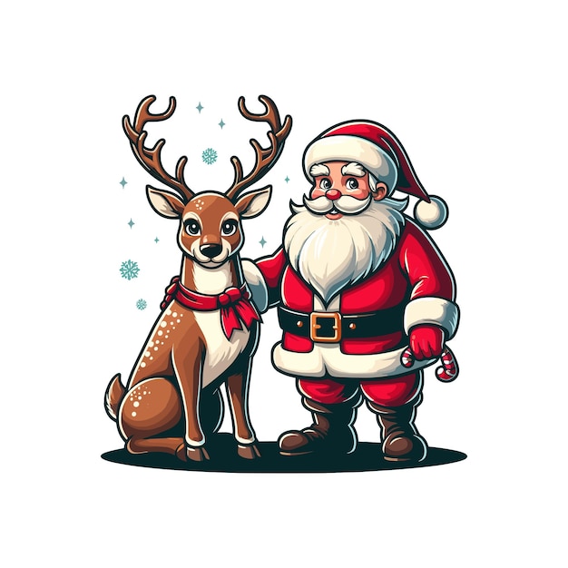 a deer with a santa hat Santa Claus and a reindeer sidebyside