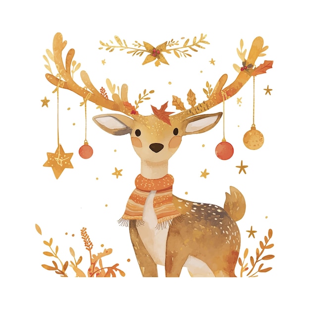 Vector a deer with a scarf on its neck and antlers hanging from its head the deer is surrounded by christmas decorations including a star and a bunch of red ornaments