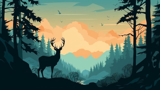 Vector a deer in the woods with a sunset in the background