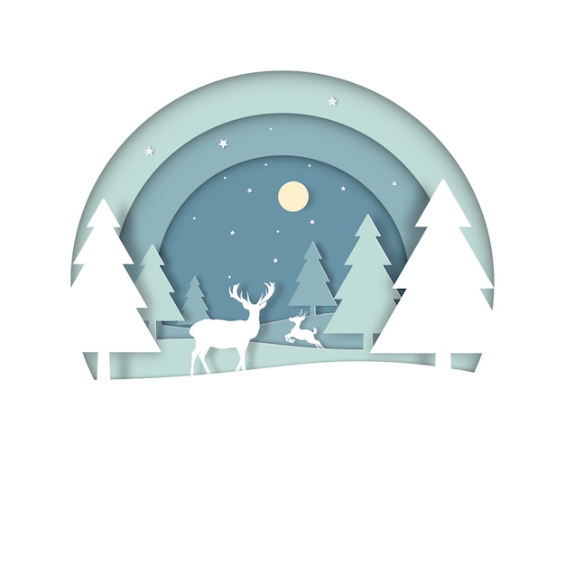 Deers in the forest with snow in the winter season and merry christmas. Greeting card in circle view. paper art and digital craft style