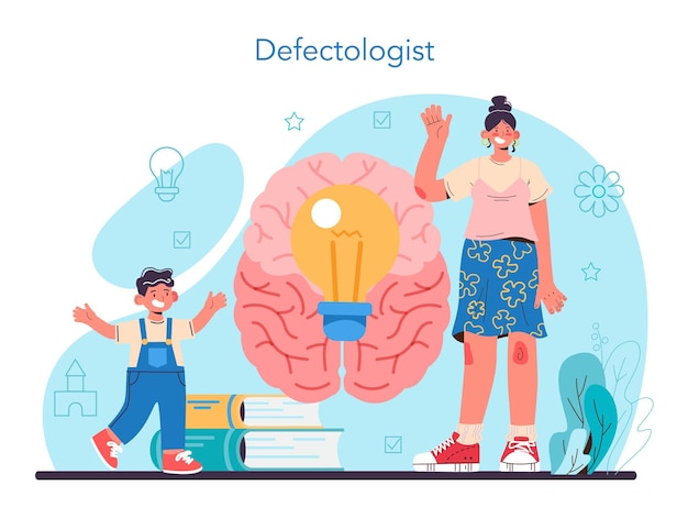 Defectologist concept. Psychologist or educator working with special special needs children. Kids with physical and mental defects care, adjustment and upbringing. Flat vector illustration