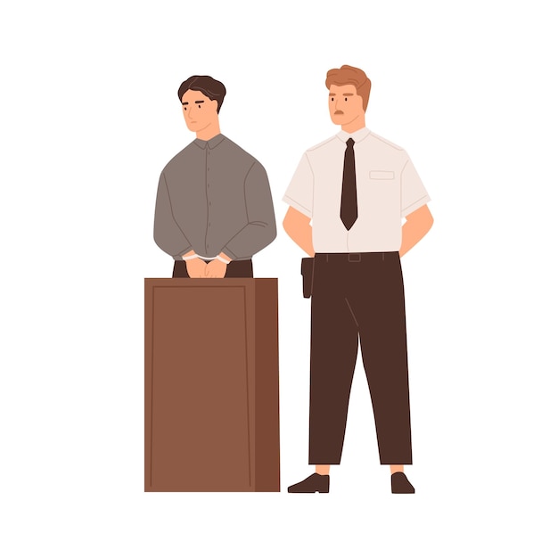 Defendant standing in handcuffs behind the podium in court. Man accused of a crime at trial process accompanied by a security guard or policeman. Flat vector illustration isolated on white background.