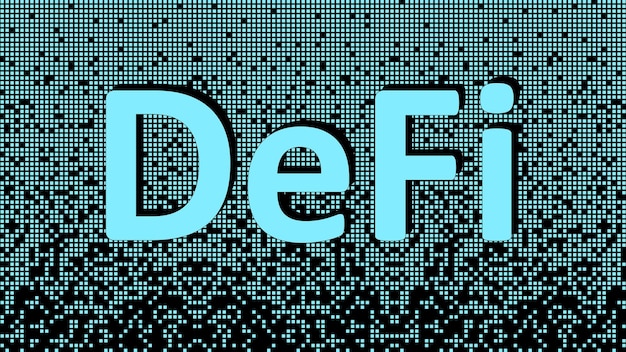 Defi decentralized finance blue text on fragmented matrix background from squares Ecosystem of financial applications and services based on public blockchains Vector illustration