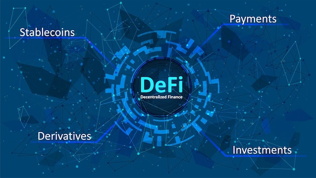 Defi decentralized finance in a digital circle on dark blue abstract polygonal background An ecosystem of financial applications and services based on public blockchains Vector EPS 10