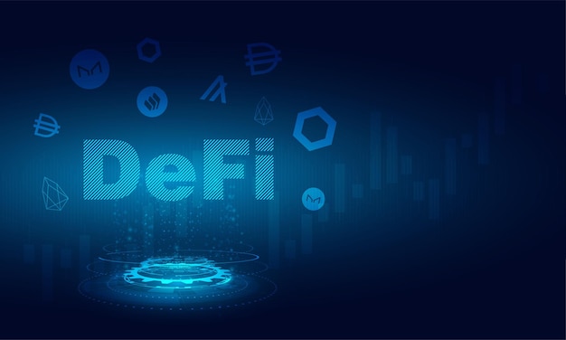 DeFi Decentralized Finance for exchange cryptocurrency.Finance system,block chain and walllet.Blue dark technology system with alt coin vector icon.