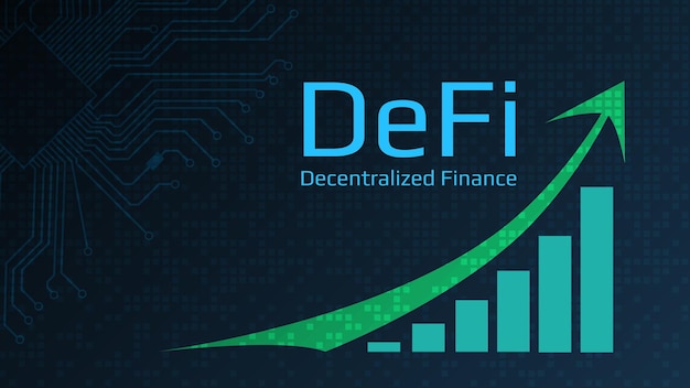 Defi decentralized finance text next to a green up arrow and a chart directed upwards Dark blue background Horizontal Vector EPS10