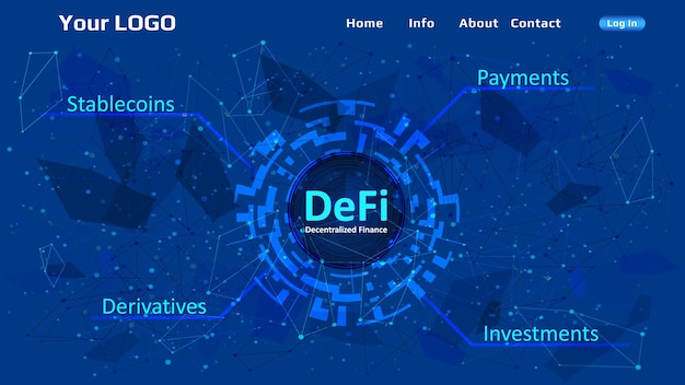 Defi decentralized finance website template on blue abstract polygonal background Website header layout Ecosystem of financial applications and services Vector EPS10