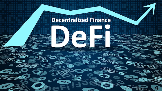 DeFi decentralized finance with altcoin logos and up arrow symbol on dark blue background Signs of the largest projects in the DeFi sector Vignetting Vector EPS10