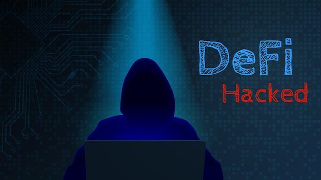 Defi hacked concept Silhouette of a hacker with a computer and text on a dark digital background