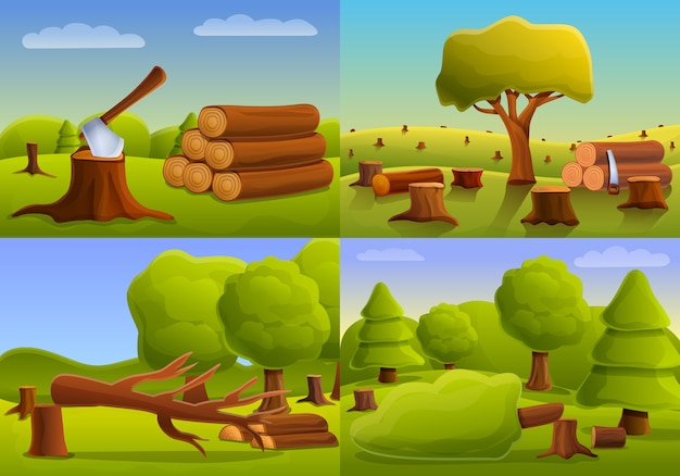 Deforestation forest banner set, cartoon style