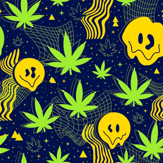 Deformed flex distorted grid in spacemelt smile faceweed cannabis leaf seamless patternVector graphic illustrationPsychedelic melting griddistortiontechnomarijuanaweed seamless pattern print