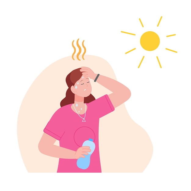 Vector dehydration from heat dehydrated woman on summer sunlight with heatstroke cartoon sweaty person outdoor hot temperature sun weather symptoms water exhaustion vector illustration