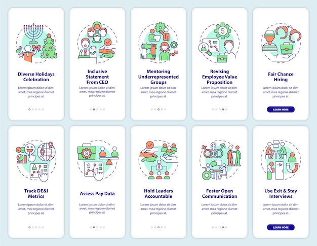 DEI programs for workplace onboarding mobile app screens set