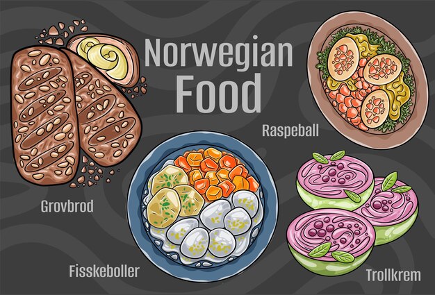 A delectable array of Norwegian culinary delights presented in a set of handdrawn vector illustrations against a dark backdropxAxA