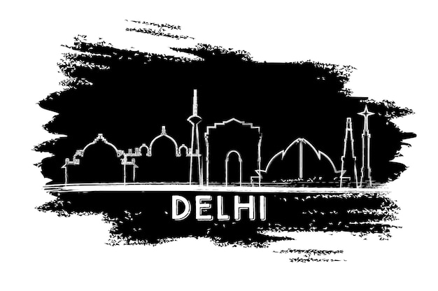 Delhi India City Skyline Silhouette. Hand Drawn Sketch. Vector Illustration. Business Travel and Tourism Concept with Historic Architecture. Delhi Cityscape with Landmarks.