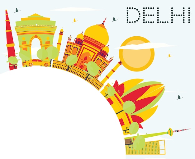 Delhi Skyline with Color Buildings, Blue Sky and Copy Space. Vector Illustration. Business Travel and Tourism Concept with Historic Architecture. Image for Presentation, Banner, Placard.