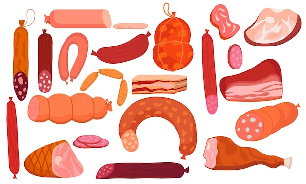 Deli meat ham and salami food icon Isolated cartoon set barbecue steak cooking and beef