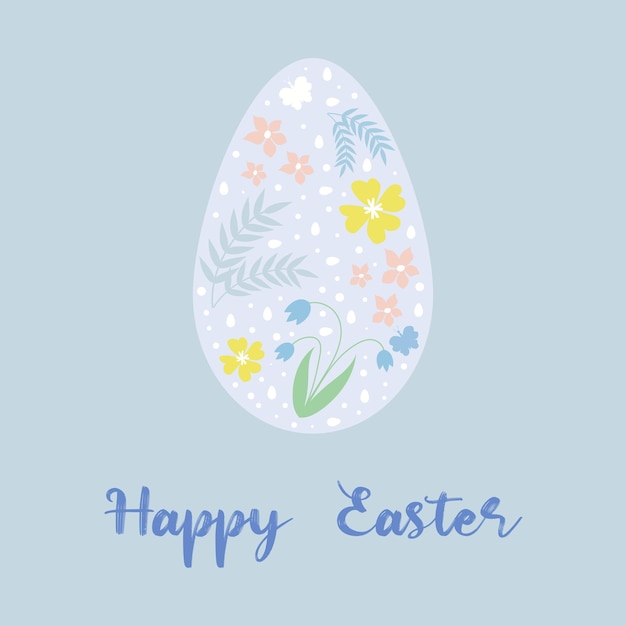 Delicate Easter egg on a blue background with flowers branches and butterflies