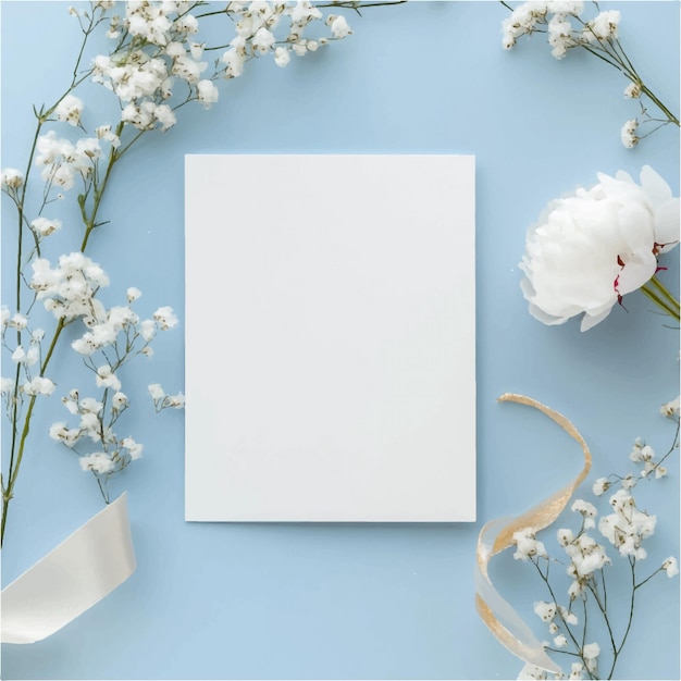 Delicate Elegance Blank Canvas Surrounded by Ethereal White Blossoms on Tranquil Blue Background