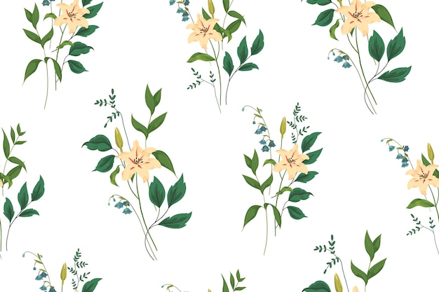 Delicate floral pattern. Seamless pattern with lily flowers. Creamy lily flowers surrounded by bells on a twig, various leaves. Spring atmosphere for wedding design. Vector illustration.