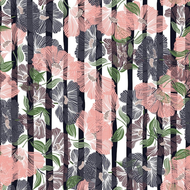 Delicate floral vintage outline endless background Abstract flower line seamless pattern