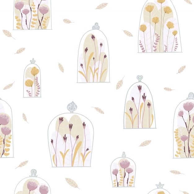 Delicate flowers under a glass dome. Seamless vector pattern. Pastel palette. autumn vintage.