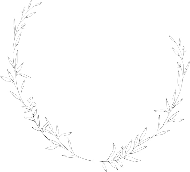 Delicate ink floral wreath with flowers, branch and leaves. Elegant logo template.