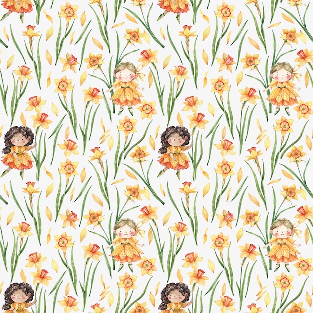 Delicate, kids style background with daffodil flowers, flower fairies, girls in yellow dresses.