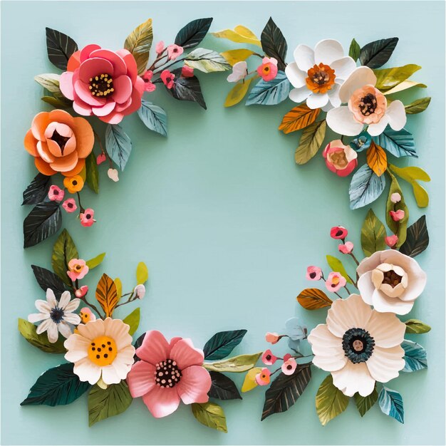 Vector delicate paper craft floral wreath a pastel symphony of blossoms on serene aqua background