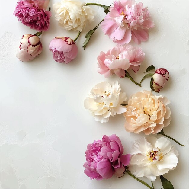 Vector delicate peonies a soft white symphony of blooms and buds on a pristine canvas of elegance