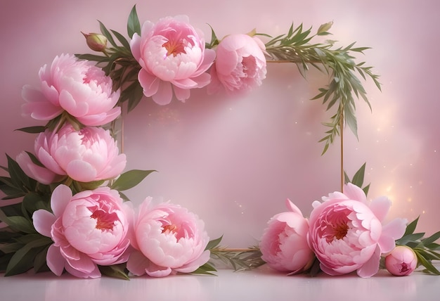 Delicate pink peonies frame a blank goldenedged square set against a soft sparkling pink background