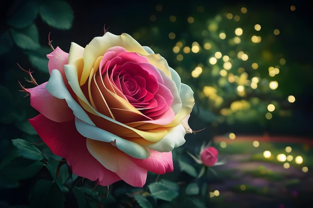 Delicate pink rose on a background of beautiful bright bokeh