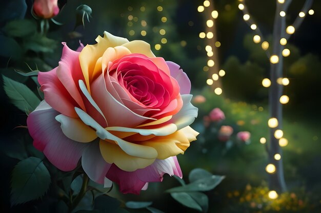 Vector delicate pink rose on a background of beautiful bright bokeh