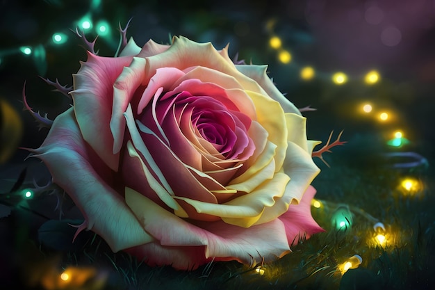 Delicate pink rose on a background of beautiful bright bokeh