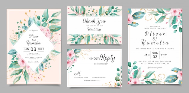 Delicate wedding invitation card template set with watercolor floral and gold glitter decoration