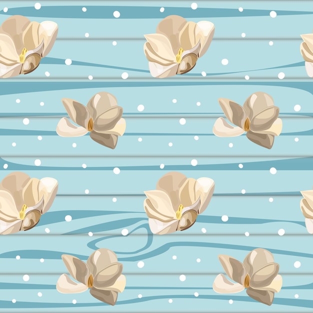 Delicate white flowers on a blue background. White polka dots and wood texture