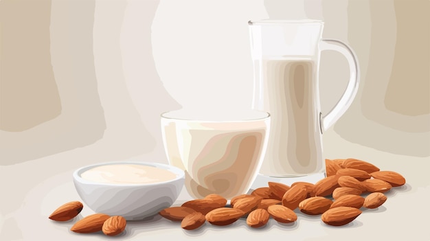 Vector delicious almond milk in glass with nut bowl on light background