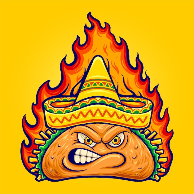 Delicious angry mexican taco with blazing fire illustrations