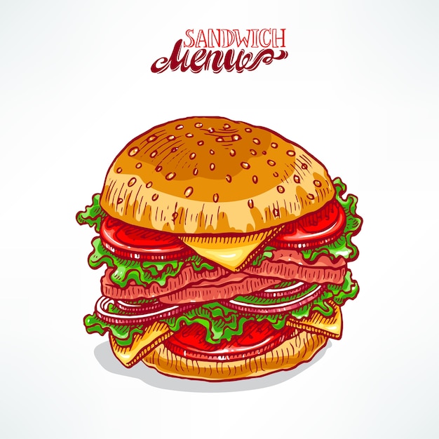 Delicious appetizing hamburger. hand-drawn illustration