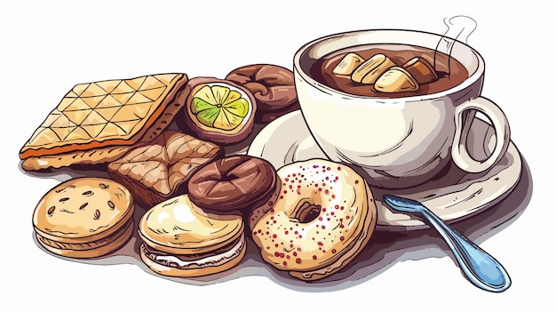 Vector delicious assorted biscuits and sweets with coffee cup