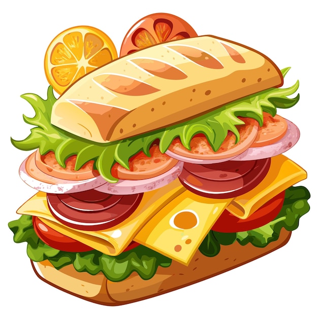 Vector delicious baguette sandwich with ham bacon cheese tasty toast sandwiches with vegetables