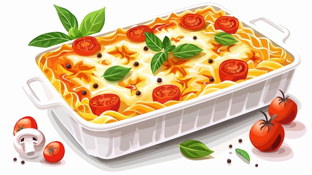 Vector delicious baking dish loaded with pasta tomato sauce and cheese