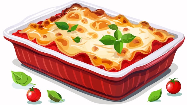 Vector delicious baking dish with homemade lasagna on white background